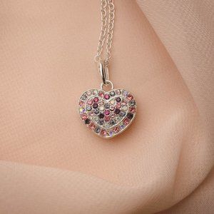 Minimalist Pink Purple Rhinestone Heart Love Charm Silver Dainty Chain Necklace